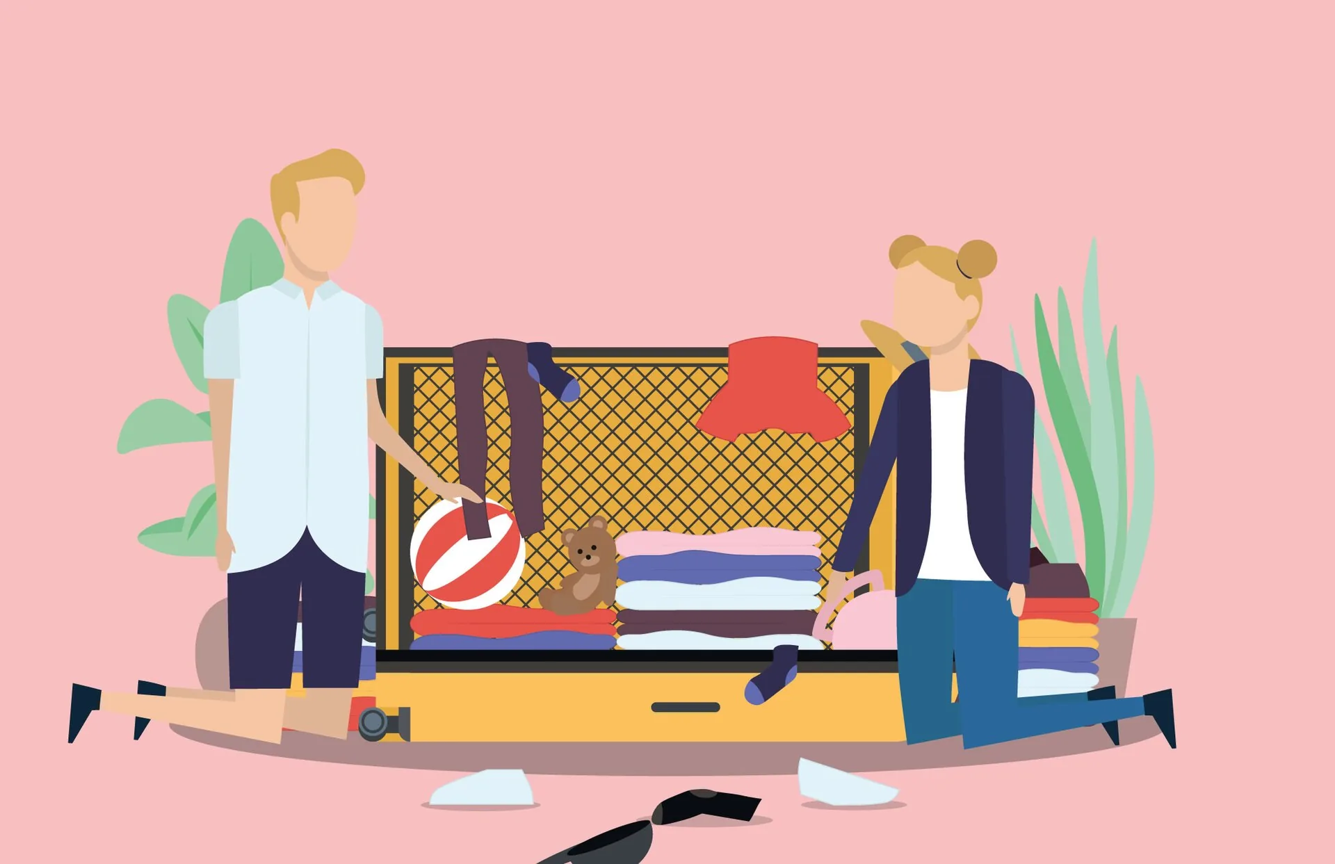 Illustrazione di una coppia che prepara la valigia per un viaggio, con vestiti piegati e accessori da viaggio